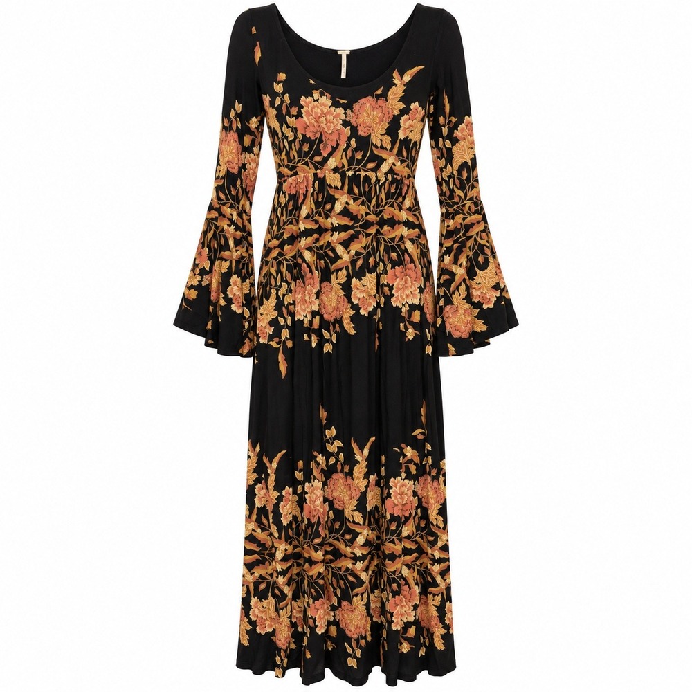 Free People Midnight Garden Whimsigoth Maxi Dress Medium Floral Bell Sleeve Folk